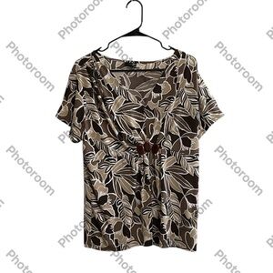 EAST 5TH WOMENS BROWN FLORAL V-NECK SHORT SLEEVE BLOUSE SIZE XL